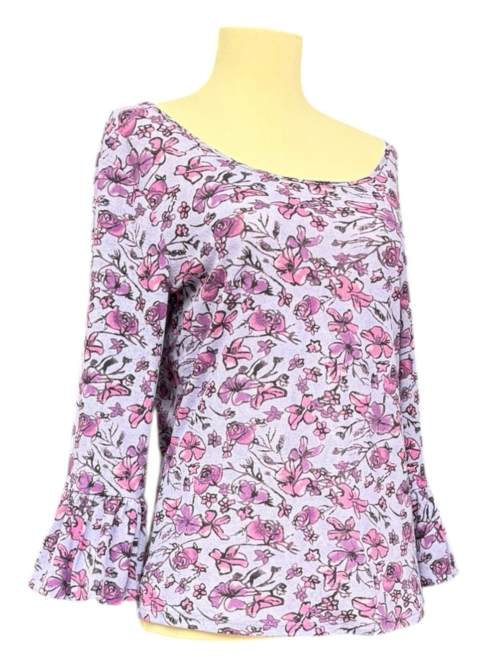 J. Jill Purple Floral Bell Sleeve Top, Size Small, Purple and Pink Cute - Picture 1 of 11